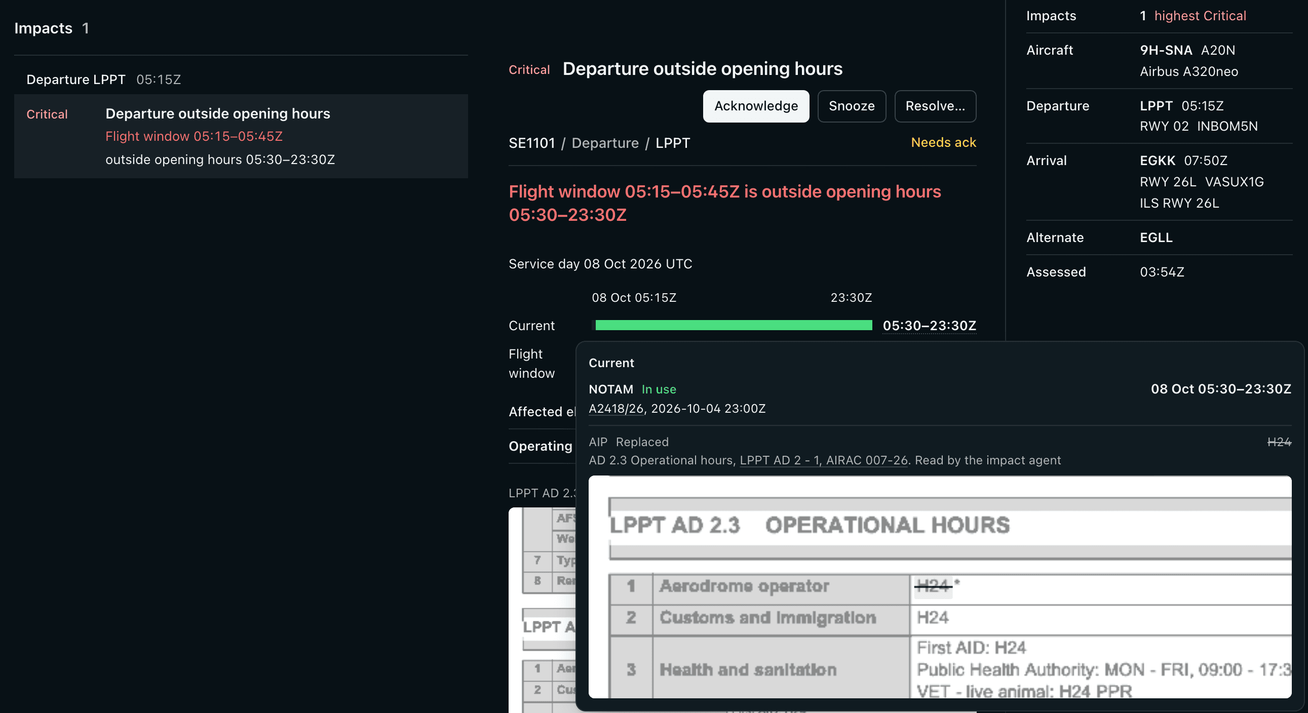 A Skymerse impact, Departure outside opening hours at Lisbon: the notice's hours 05:30 to 23:30 in use, and the AIP's H24 marked replaced and struck through on the printed AIP page