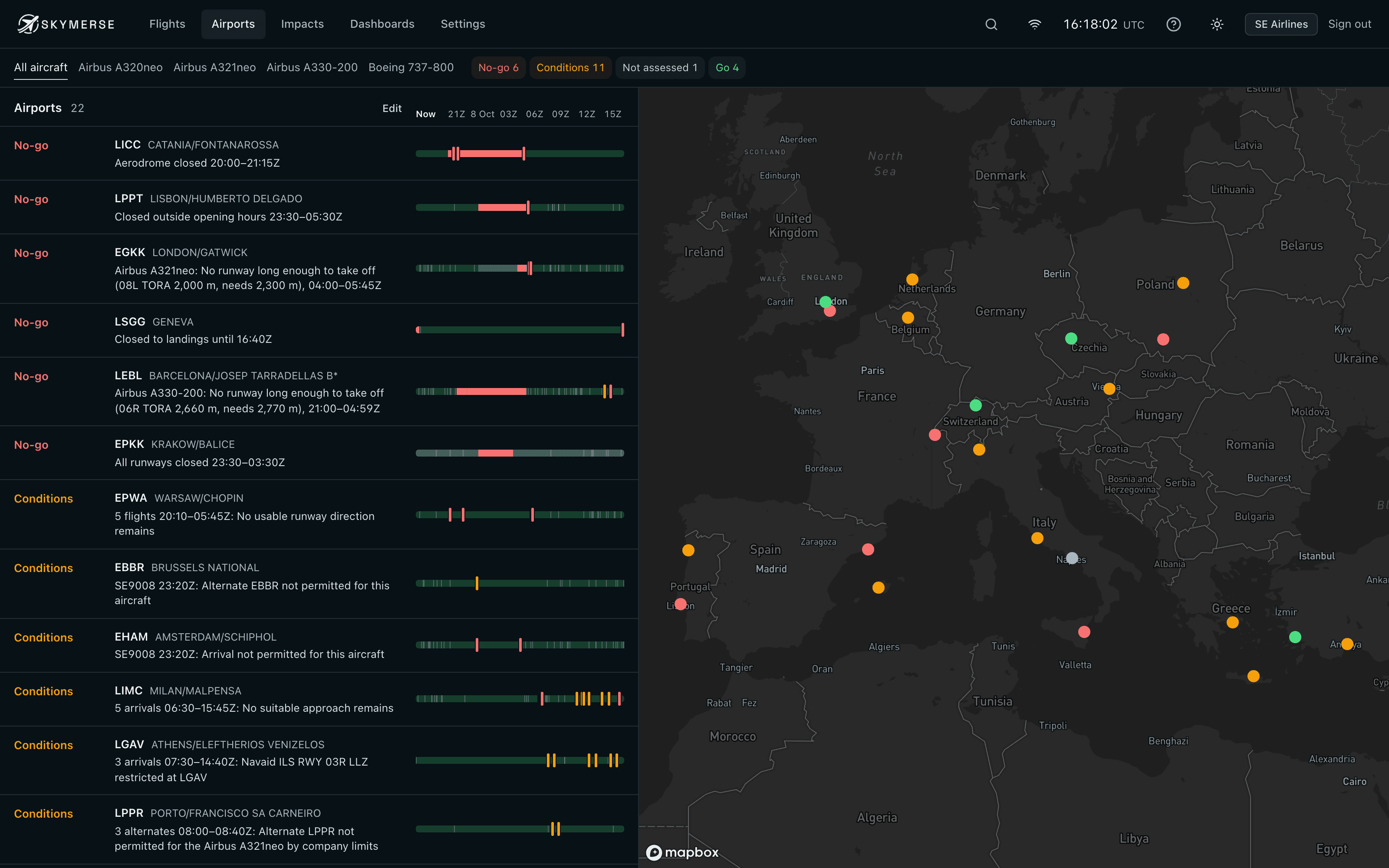 The Skymerse Airports view: each airport the operation uses marked No-go, Conditions or Go, with its reason and a 24-hour timeline, beside a map of Europe