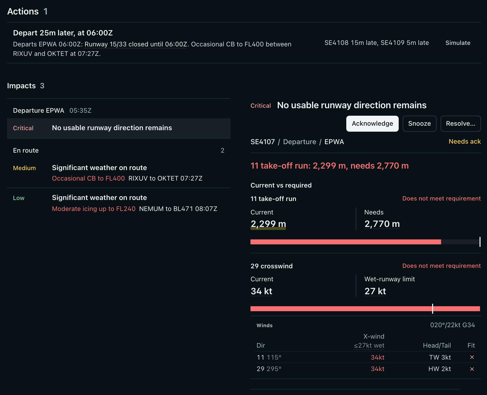 A flight page in Skymerse: the action Depart 25m later, at 06:00Z, above the impact No usable runway direction remains, with the take-off run and crosswind compared with the aircraft's limits