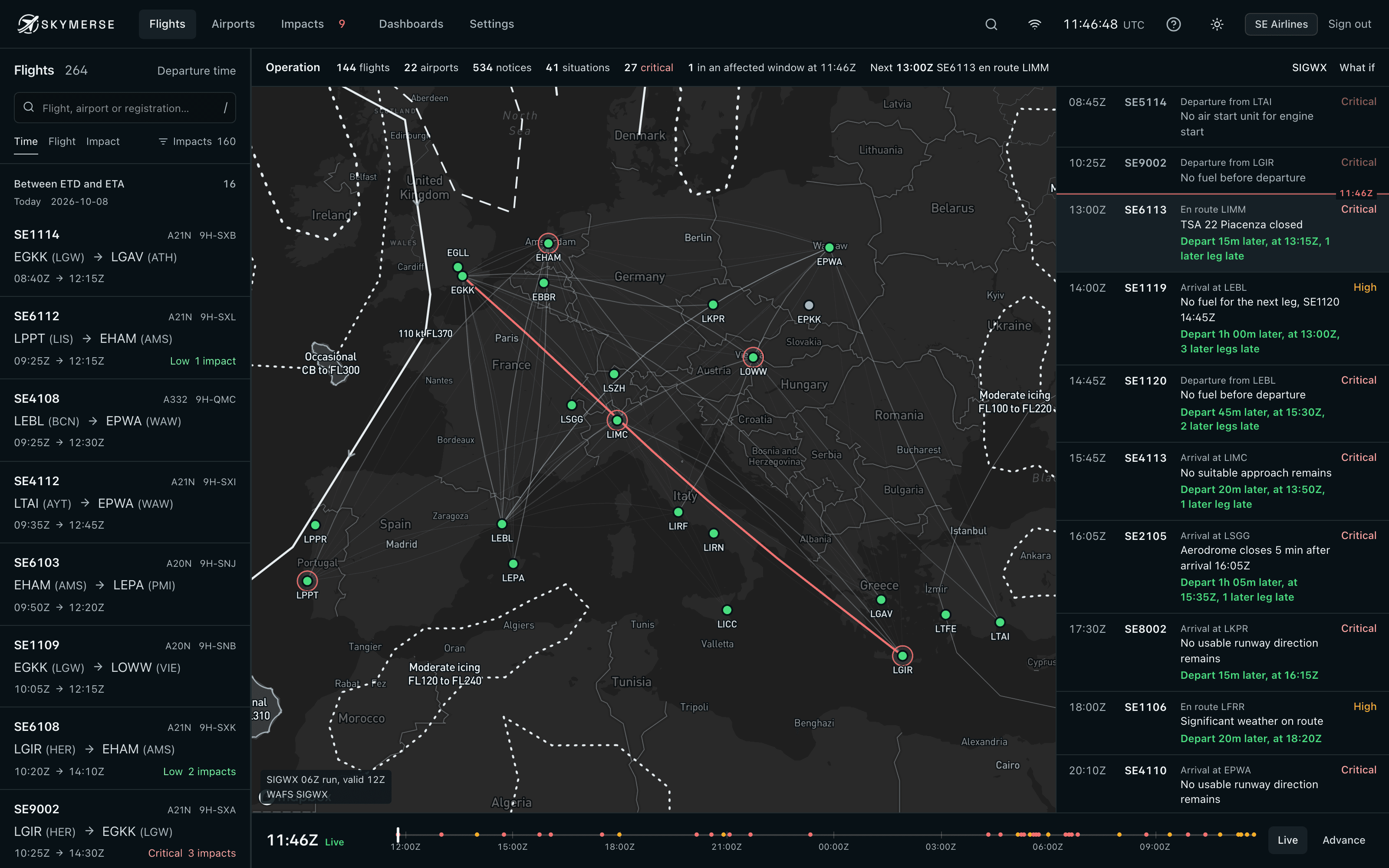 Skymerse operation map: the network's flights over the significant weather chart, airports coloured by their answer, and the flights each change affects