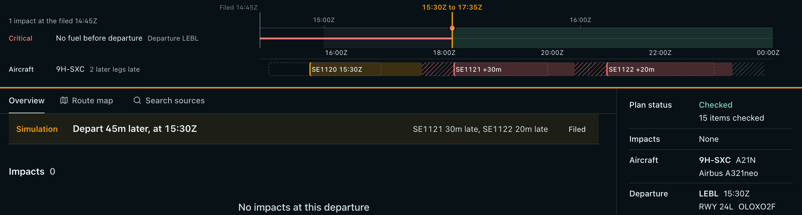 Time sweep for a Barcelona departure: the impact No fuel before departure holds until 15:30, the aircraft's day below with its next two legs shown late, and the simulated flight at 15:30 with no impacts